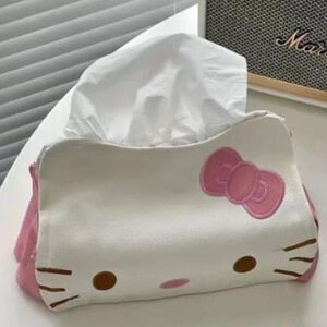 Hello Kitty Tissue Box Cover White & Pink Faux Leather With Embroidered Details
